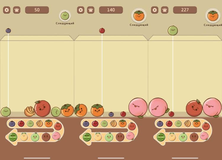 QSWatermelon — интересная игра на Айфон. Как надо объединять фрукты, изображено в нижней части экрана. Фото.