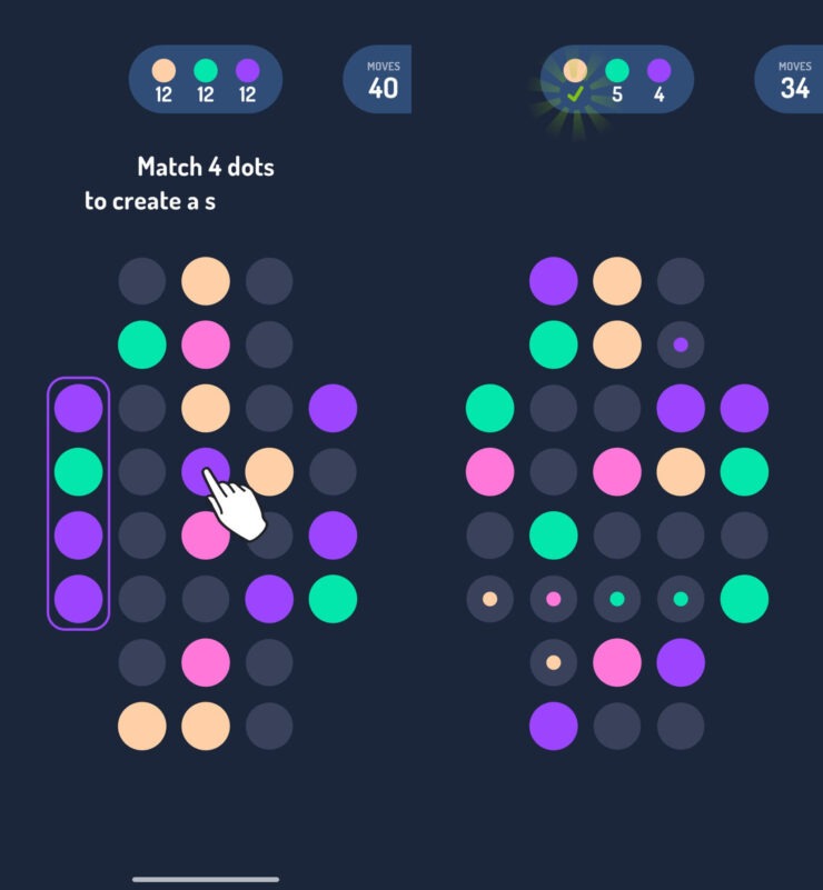 Dotsu — три в ряд бесплатно. В этой «три в ряд» можно перемещать шарики в любую точку поля. Фото.