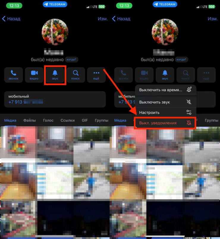 Как отключить звук сообщений. Выключите уведомления в «Телеграме» от выбранного контакта. Фото.