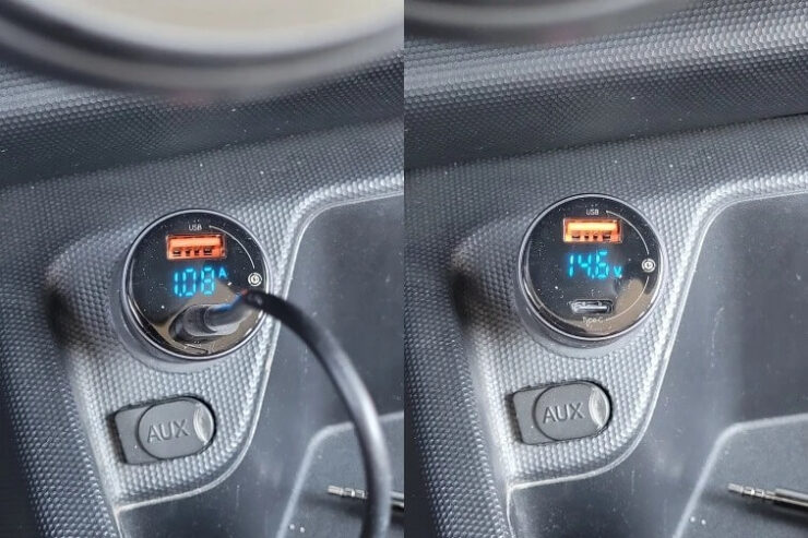 Автомобильное зарядное устройство для телефона. Зарядка небольшая, зато может быстро заряжать вашу технику. Автомобильное зарядное устройство для телефона. Зарядка небольшая, зато может быстро заряжать вашу технику. Фото.