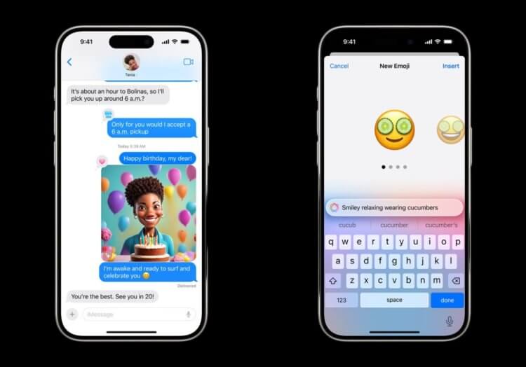 Как пользоваться Apple Intelligence. Такие картинки и эмодзи можно рисовать по запросу как в Image Playground, так и в приложении для обмена сообщениями. Как пользоваться Apple Intelligence. Такие картинки и эмодзи можно рисовать по запросу как в Image Playground, так и в приложении для обмена сообщениями. Фото.