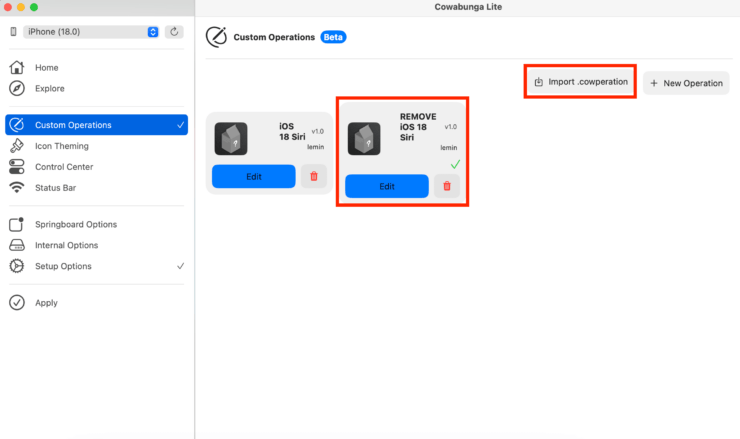 Анимация Сири из iOS 18. Для удаления добавьте новую операцию в приложение. Старую можно удалить. Фото.