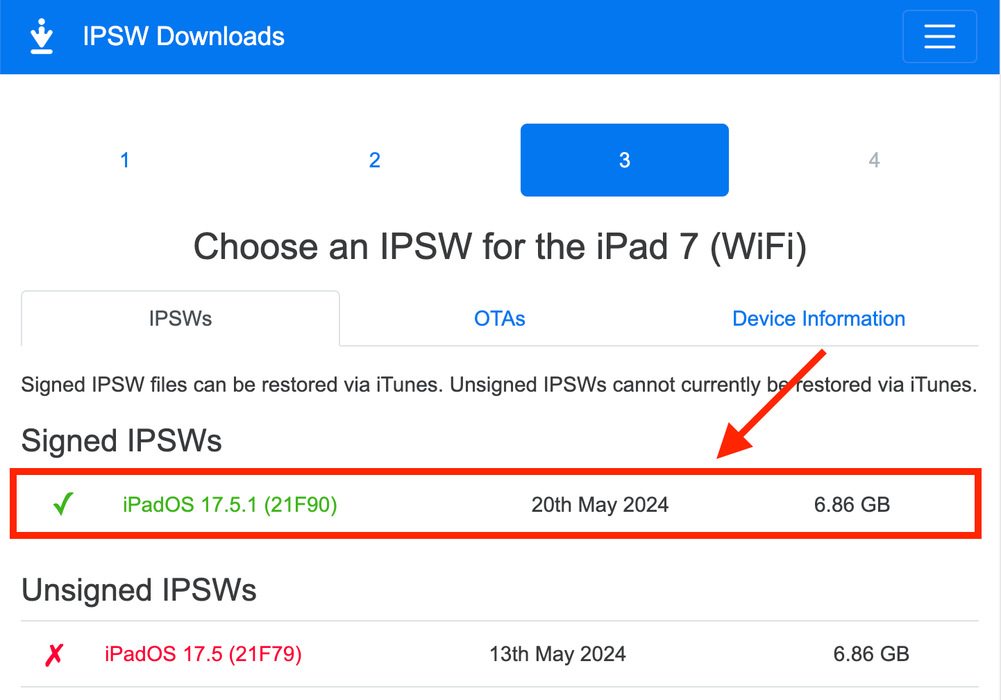 Как откатить Айпад на предыдущую версию. Выбирайте только прошивки, выделенные зеленым. Фото.