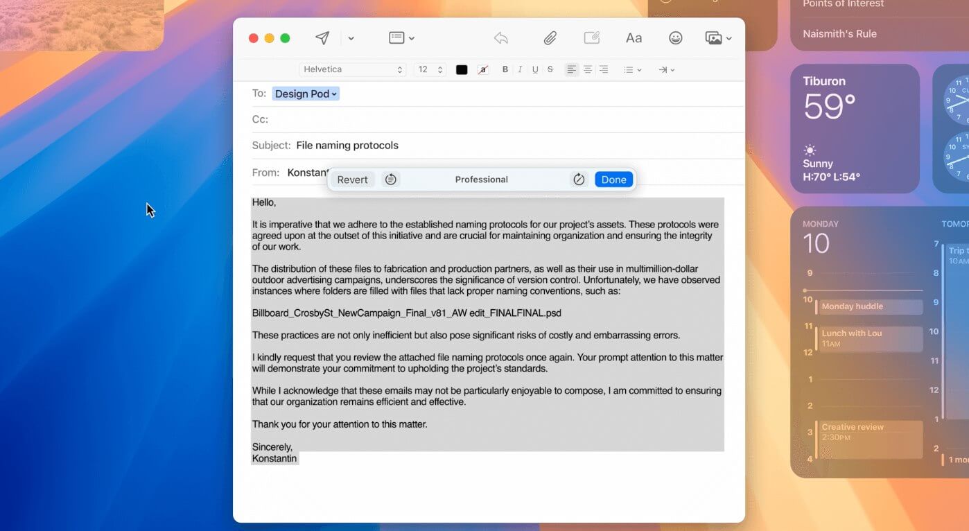 ИИ на компьютерах Apple. ИИ сможет переписать за вас письмо в деловом стиле. Фото.