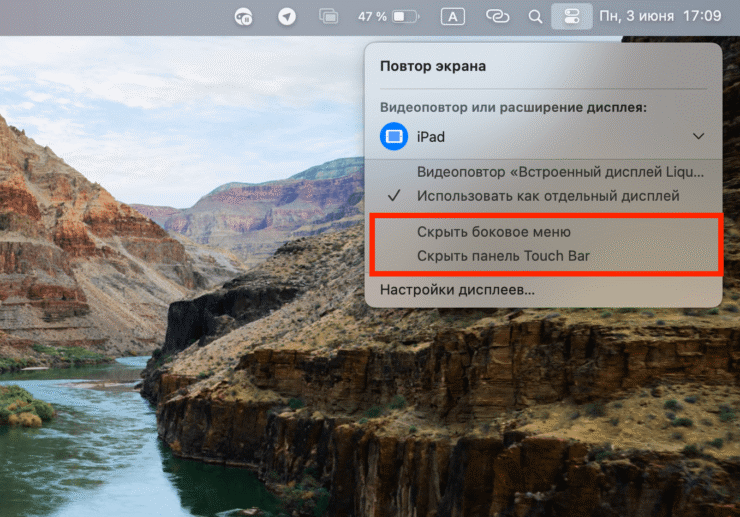 Как подключить Айпад вторым экраном к Макбуку. Рекомендую еще скрыть Touch Bar, чтобы он не мешался. Фото.
