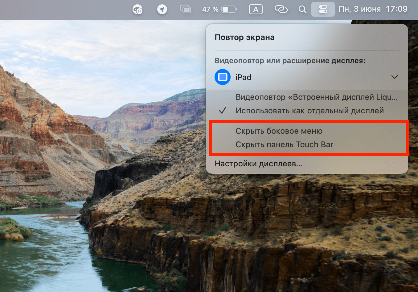 Как подключить Айпад вторым экраном к Макбуку. Рекомендую еще скрыть Touch Bar, чтобы он не мешался. Фото.