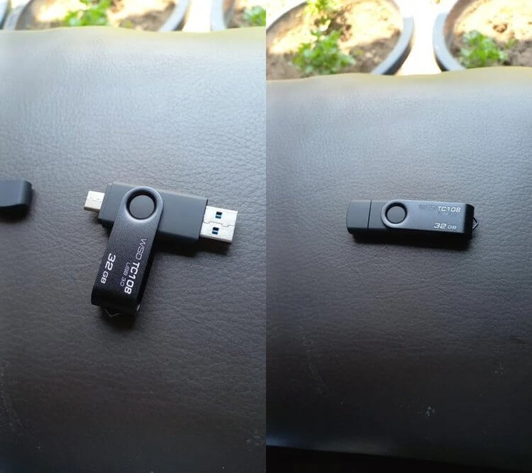 Флешка с USB-C. Штекеры с каждой стороны можно закрыть колпачками. Флешка с USB-C. Штекеры с каждой стороны можно закрыть колпачками. Фото.