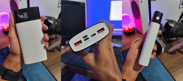 Внешний аккумулятор на 20 000 мАч. Внешний аккумулятор оснащен несколькими разъемами. Фото.