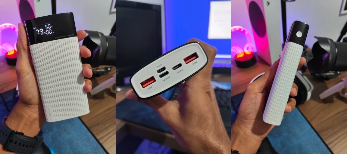 Внешний аккумулятор на 20 000 мАч. Внешний аккумулятор оснащен несколькими разъемами. Фото.