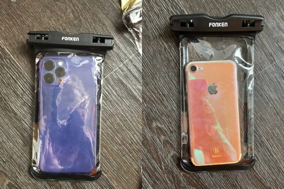 Чехол для телефона под водой. Этот чехол не пропустит воду и песок и сохранит ваш смартфон. Фото.