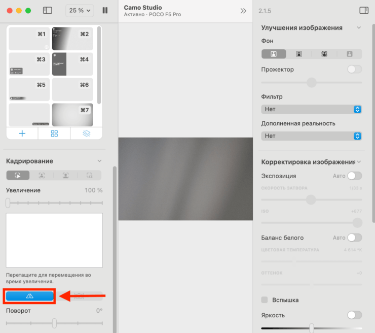 Телефон как веб-камера для компьютера. Активируйте зеркалирование, чтобы картинка смотрелась естественно. Фото.