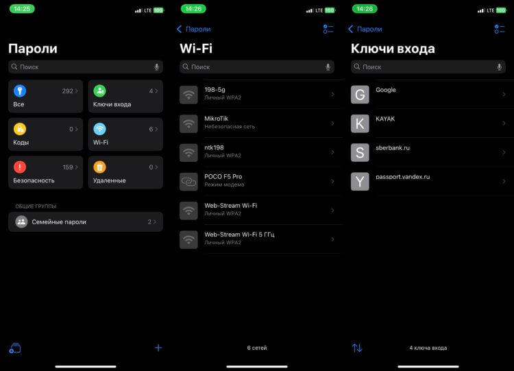 Приложение с паролями на Айфоне. Все данные удобно разбиты на категории, плюс можно воспользоваться поиском. Фото.