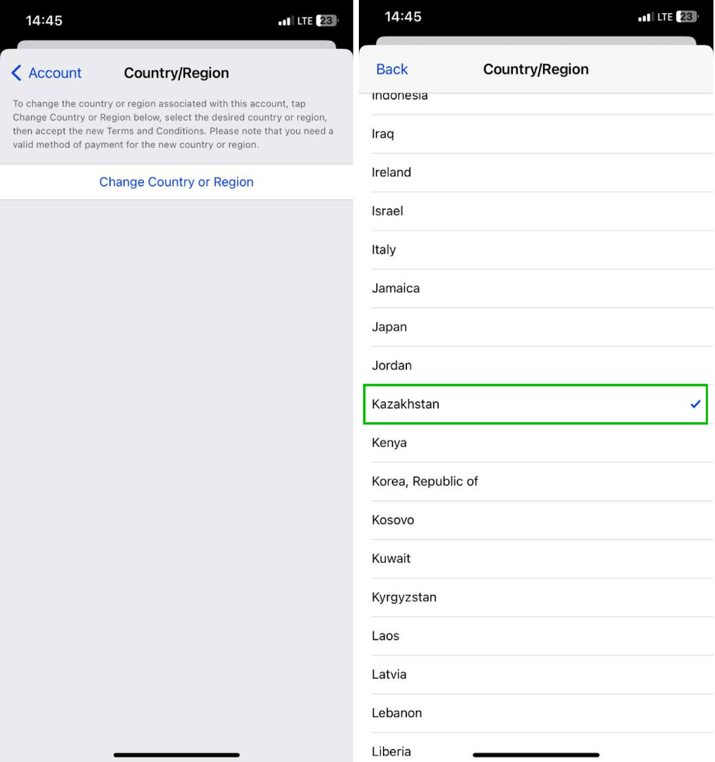 Как платить в App Store из России. Выберите страну Казахстан. Фото.