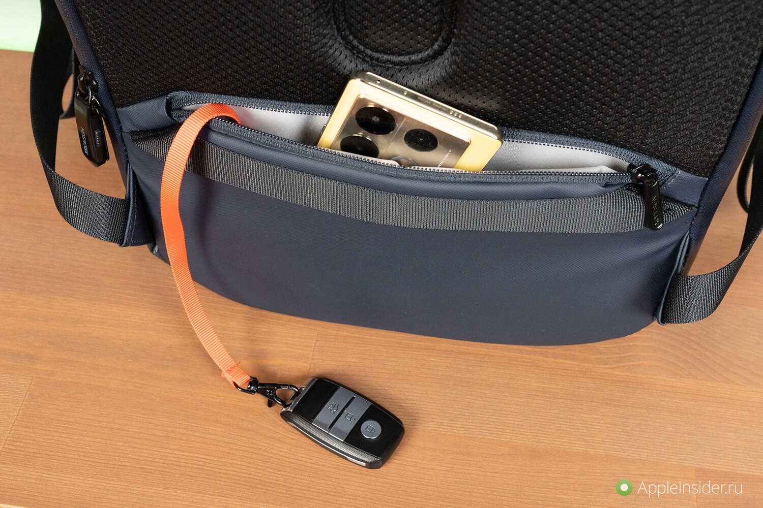 Защищенный рюкзак. В заднем кармане с RFID-защитой есть еще и тросик для ключей. Защищенный рюкзак. В заднем кармане с RFID-защитой есть еще и тросик для ключей. Фото.