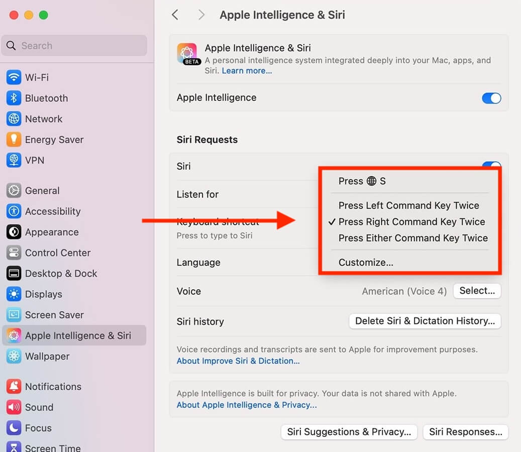 Apple Intelligence в России. Siri можно активировать кнопкой двойным нажатием на Command. Фото.