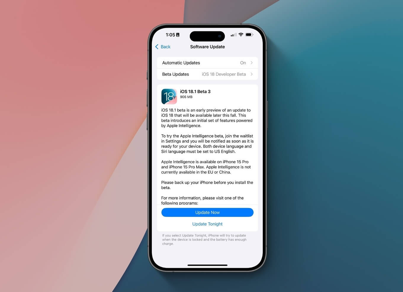Как установить iOS 18.1 beta 3. Установить iOS 18.1 пока можно только на iPhone 15 Pro и iPhone 15 Pro Max. Изображение: 9to5mac.com. Фото.