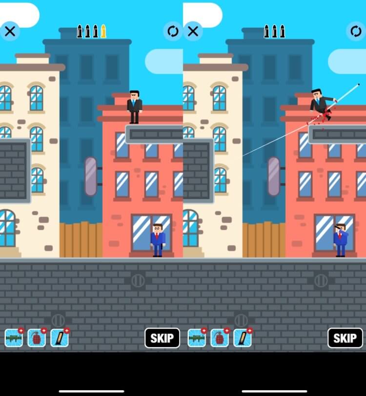 Mr Bullet — интересная игра на Айфон. Используйте стены, чтобы рикошетом попасть в цель. Mr Bullet — интересная игра на Айфон. Используйте стены, чтобы рикошетом попасть в цель. Фото.