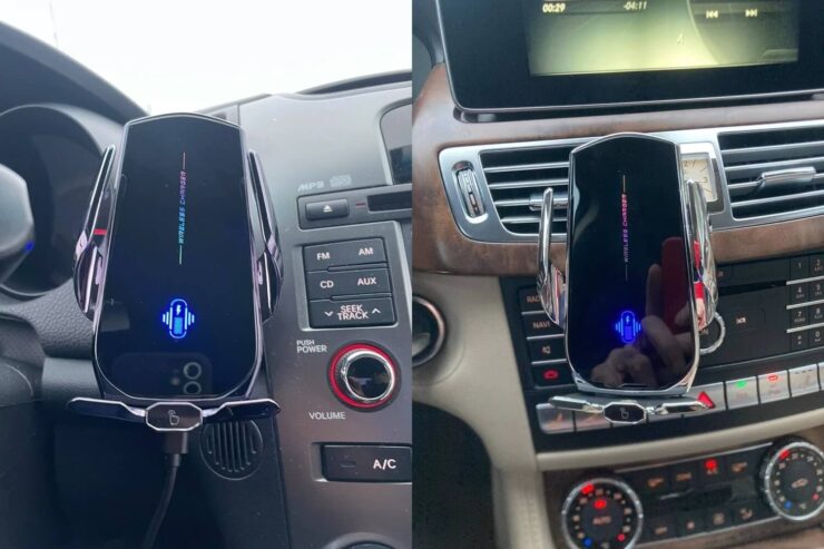 Держатель для телефона с зарядкой. Боковые зажимы открываются и закрываются автоматически при поднесении к ним руки или телефона. Держатель для телефона с зарядкой. Боковые зажимы открываются и закрываются автоматически при поднесении к ним руки или телефона. Фото.