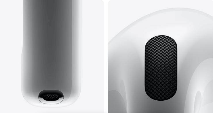 Регулировка громкости в AirPods 4. Микрофоны в наушниках позволяют не только качественно гасить внешние шумы, но и распознавать разговор. Изображение: apple.com. Фото.