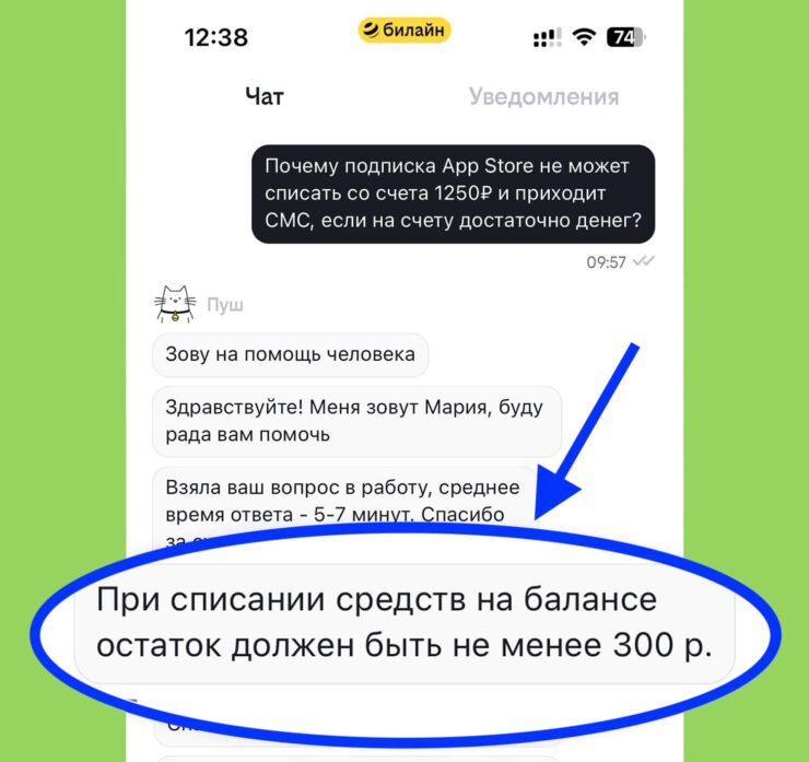Счет Билайн для оплаты Apple ID. Билайн теперь требует остаток не менее 300 рублей после оплаты подписки в App Store. Изображение: iphones.ru. Фото.