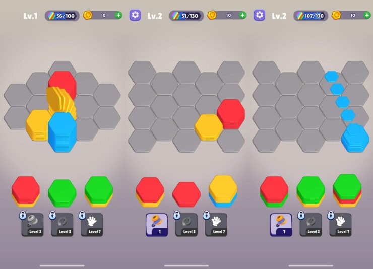 Hexa Sorting — игра сортировать по цветам. Собираете стопки с цветами и зарабатывайте за них очки. Фото.