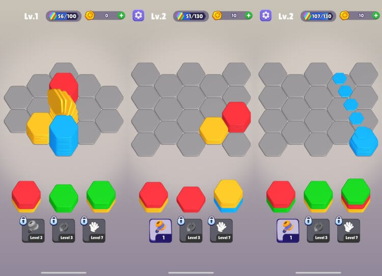Hexa Sorting — игра сортировать по цветам. Собираете стопки с цветами и зарабатывайте за них очки. Hexa Sorting — игра сортировать по цветам. Собираете стопки с цветами и зарабатывайте за них очки. Фото.