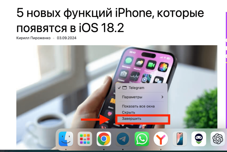 Закрыть приложение на компьютере. Большинство приложений приходится закрывать из Dock. Фото.