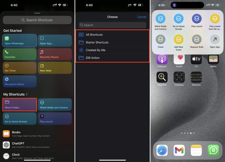 Как настроить Action Button. Выберите ранее созданную папку. Фото.