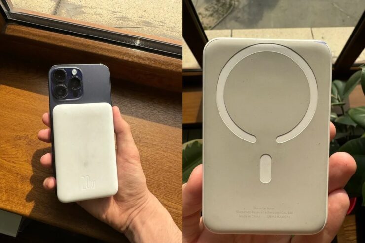 Внешний аккумулятор с MagSafe. Батарея легко магнитится к задней панели смартфона. Внешний аккумулятор с MagSafe. Батарея легко магнитится к задней панели смартфона. Фото.