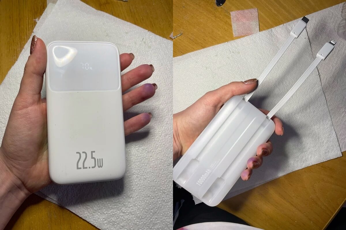 Внешний аккумулятор 10 000 мАч. Во внешнем аккумуляторе есть два встроенных кабеля. Фото.