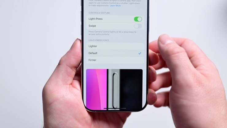 Кнопка Camera Control в Айфоне 16. Настройте силу нажатия для Camera Control. Изображение: appleinsider.com. Фото.