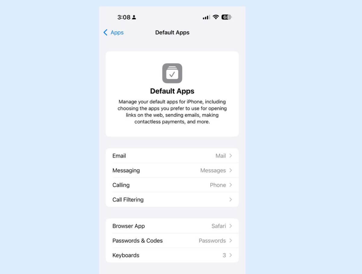 Новые функции iOS 18.2. В iOS 18.2 появился раздел меню, где указаны все приложения по умолчанию. Новые функции iOS 18.2. В iOS 18.2 появился раздел меню, где указаны все приложения по умолчанию. Фото.
