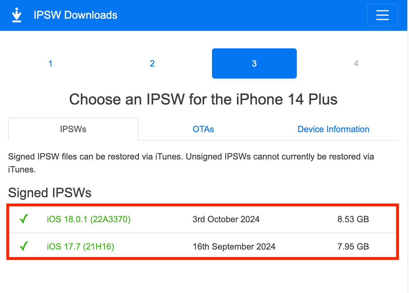 Скачать прошивку на Айфон. Зеленые прошивки можно качать. Фото.