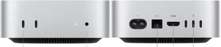 Разъемы в Mac mini M4. Каждая из версий Mac mini 2024 имеет два порта USB-C на передней панели. Изображение: 9to5mac.com. Фото.