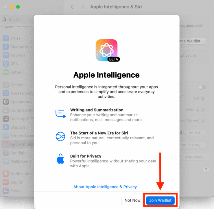 Как включить нейросеть Apple Intelligence. Подтвердите добавление в лист ожидания. Фото.
