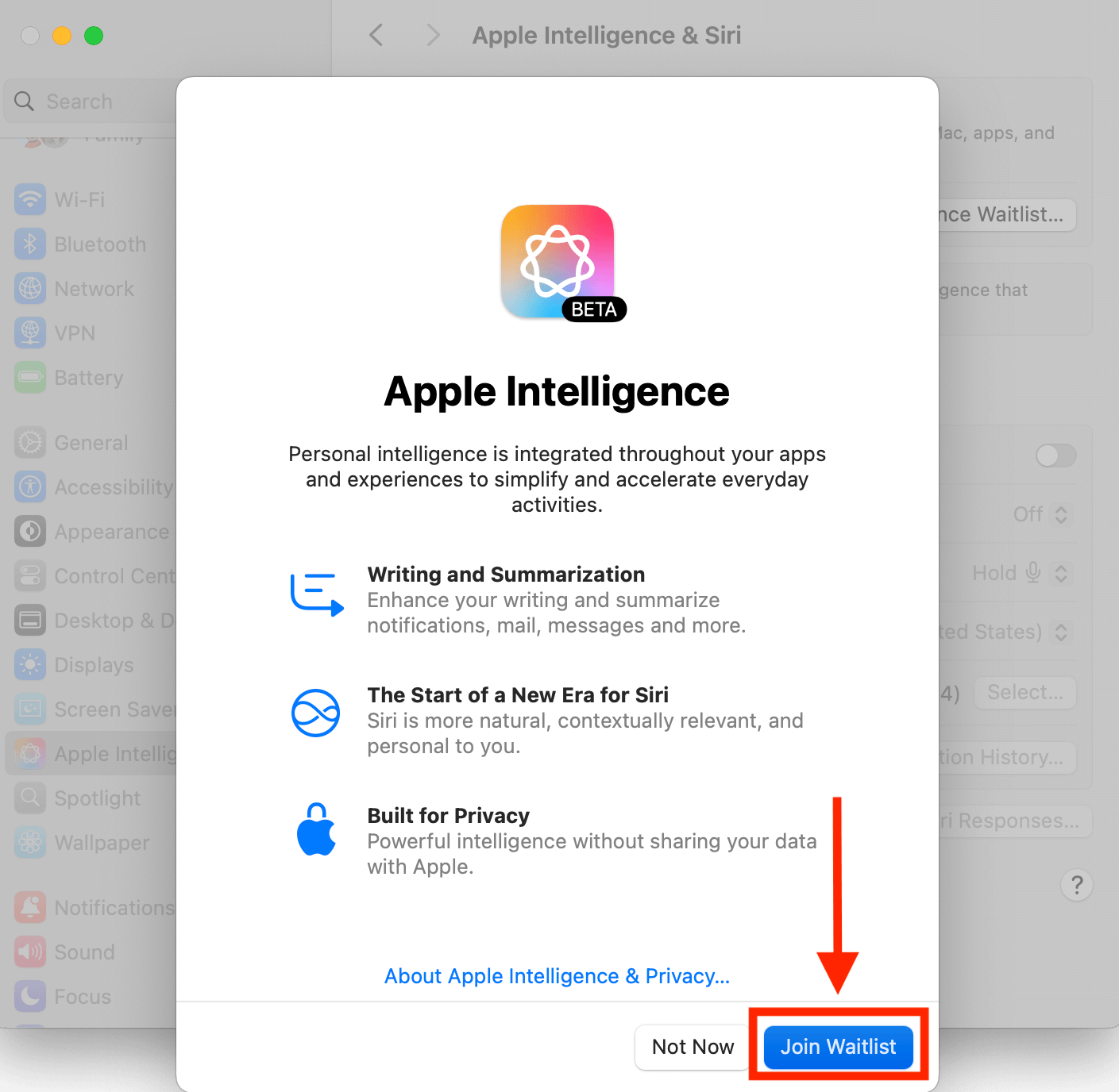 Как включить нейросеть Apple Intelligence. Подтвердите добавление в лист ожидания. Фото.