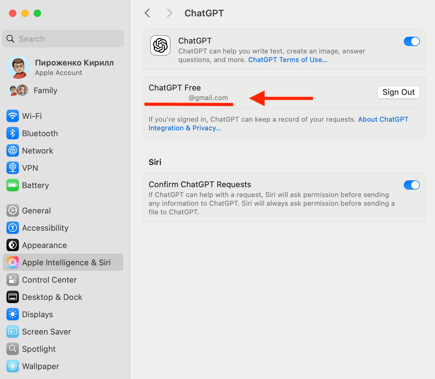 ЧатГПТ на русском бесплатно. Если вход выполнен успешно, то электронный адрес вашей учётной записи будет отображаться здесь. Фото.