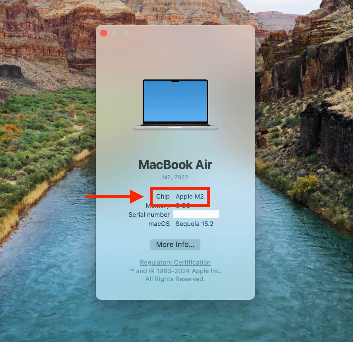 Как установить macOS Sequoia 15.2. Если здесь указан чип Apple, то ваш компьютер поддерживает Apple Intelligence. Фото.