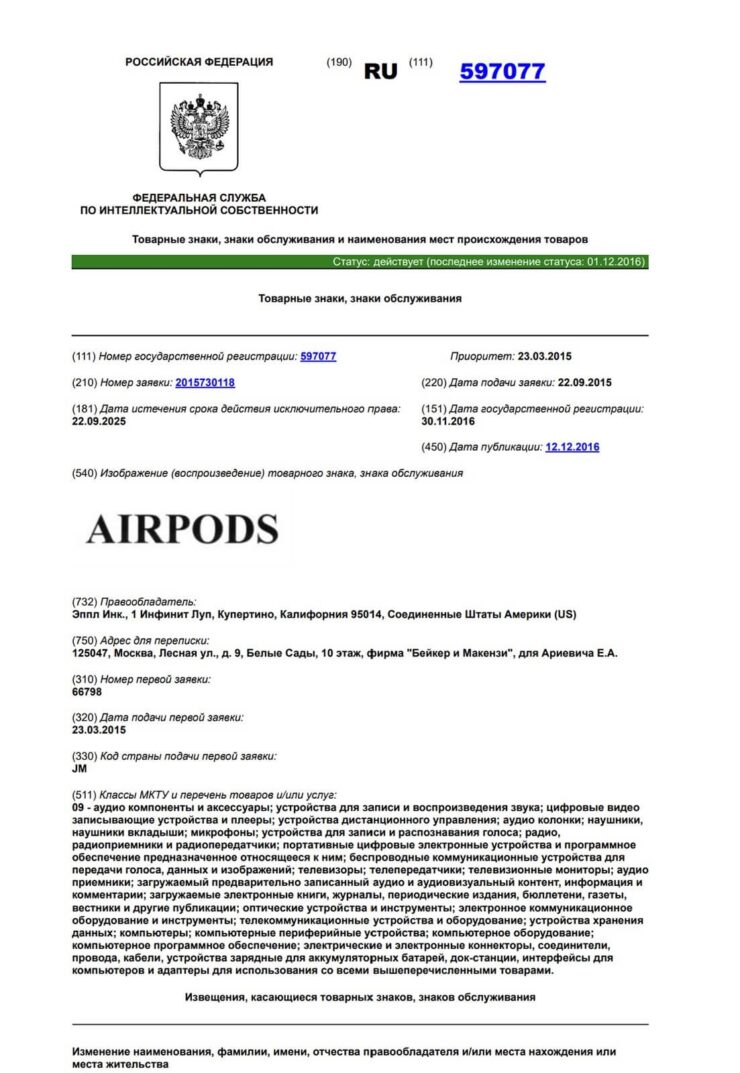 Продажи поддельных AirPods в России. Apple продолжает поддерживать актуальность своих торговых марок в Роспатенте. Фото: Mobile-Review. Фото.