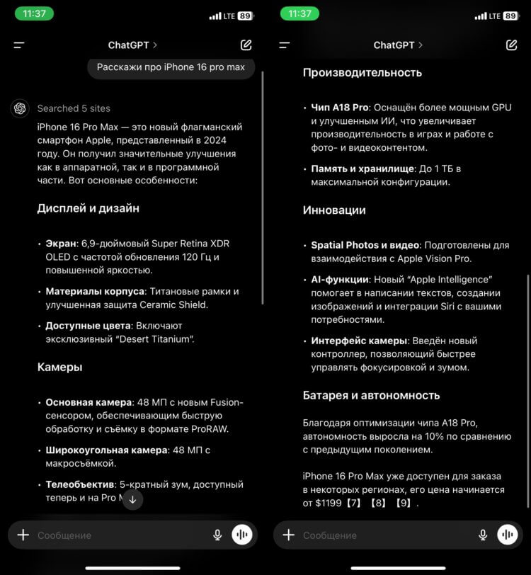 ChatGPT в России на Айфоне. Про iPhone 16 Pro Max ChatGPT выдал всё как надо. ChatGPT в России на Айфоне. Про iPhone 16 Pro Max ChatGPT выдал всё как надо. Фото.