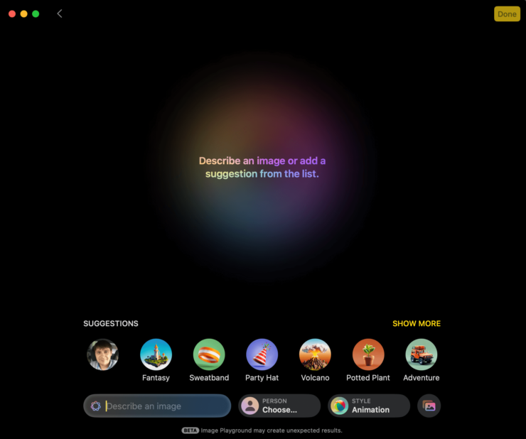 Приложение Image Playground от Apple. У приложения простой и понятный интерфейс даже на английском языке. Фото.
