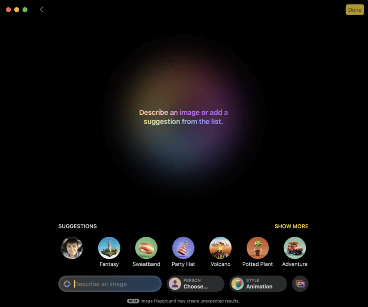 Приложение Image Playground от Apple. У приложения простой и понятный интерфейс даже на английском языке. Приложение Image Playground от Apple. У приложения простой и понятный интерфейс даже на английском языке. Фото.