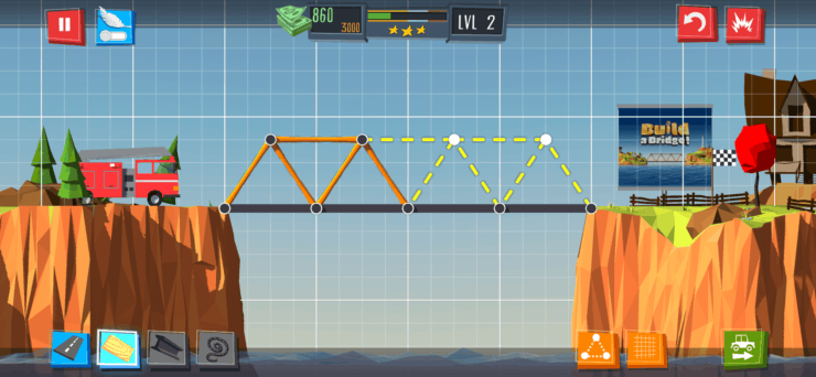 Build a Bridge! — где строят мосты. Не забывайте устанавливать опоры, иначе мост рухнет. Фото.