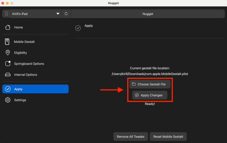 Как включить Apple Intelligence. Укажите путь к файлу, сформированному с помощью быстрой команды, и примените изменения. Фото.
