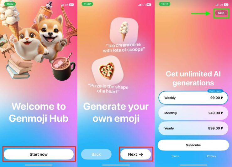 Нейросеть для создания эмодзи. На странице с оплатой дождитесь появления кнопки «Skip», чтобы пользоваться программой бесплатно. Фото.