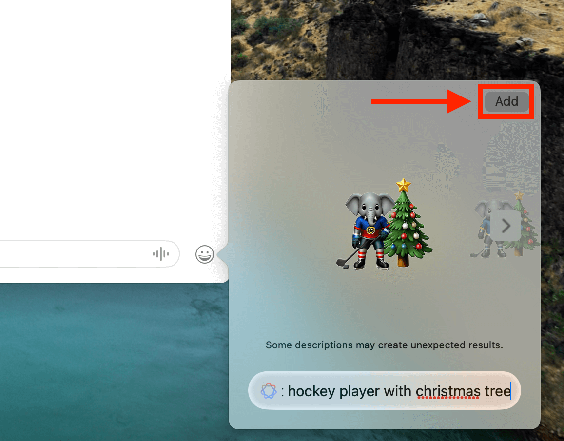 Как создать эмодзи на Айфоне. Введите текстовый запрос на английском языке. Я нарисовал слона-хоккеиста с новогодней елкой. Фото.