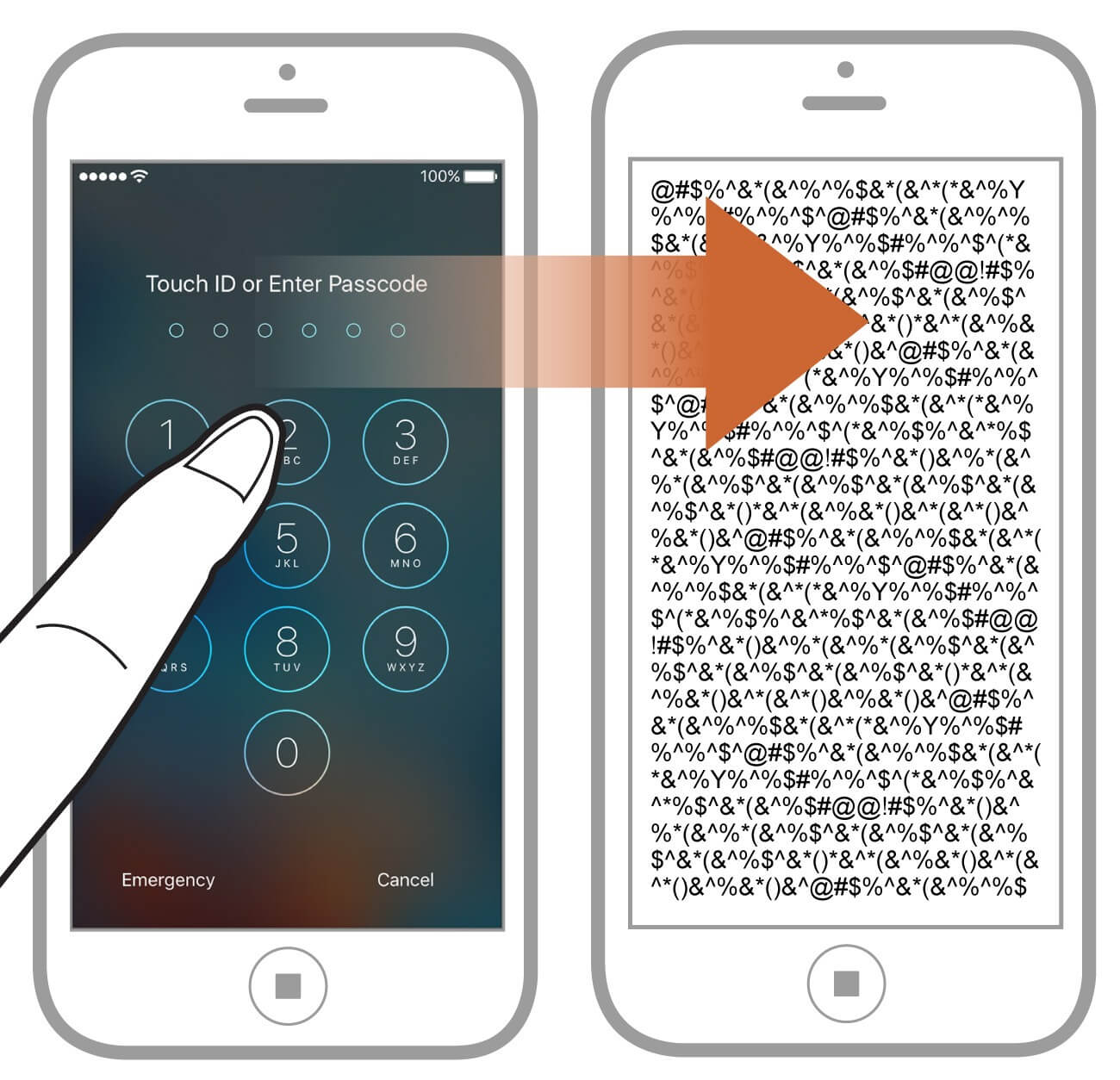 Защита iPhone от взлома. Если Айфон не разблокировался, то все данные в его памяти выглядят так, как на изображении справа. Фото: Los Angeles Times. Фото.