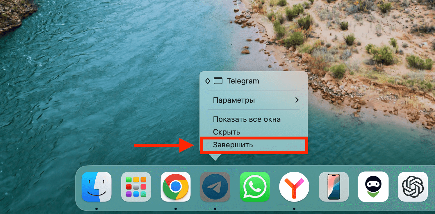 Закрыть запущенную программу. Можно закрывать программы через Dock или сочетанием клавиш. Фото.