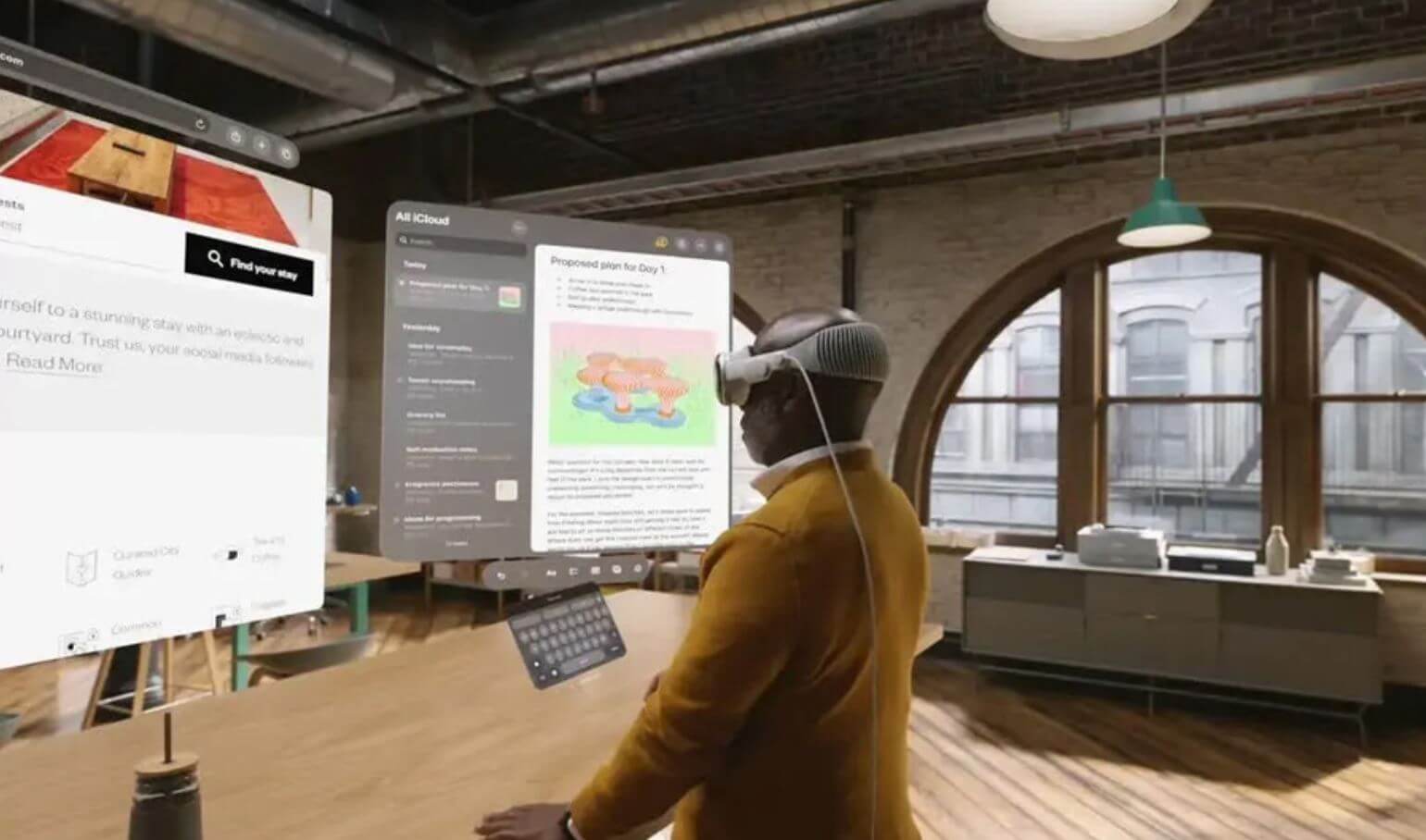 Что умеют Apple Vision Pro. На Vision Pro можно открыть несколько рабочих столов и расположить их в пространстве как вам удобно. Что умеют Apple Vision Pro. На Vision Pro можно открыть несколько рабочих столов и расположить их в пространстве как вам удобно. Фото.