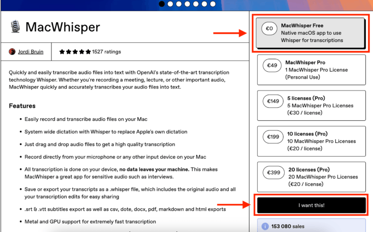 Перевести голос в текст. Выберите бесплатную версию MacWhisper. Фото.